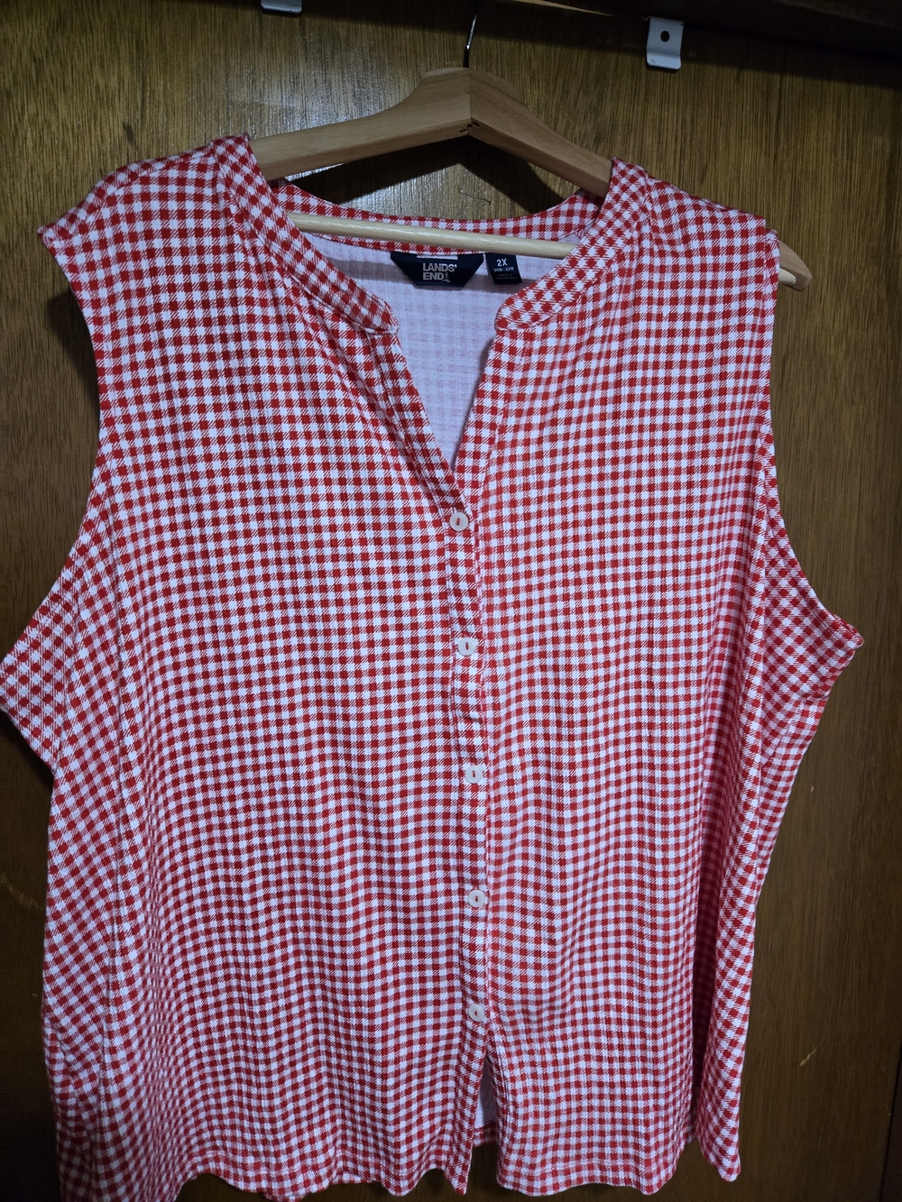 Lands' End Red and White Gingham Sleeveless Button-Front Blouse